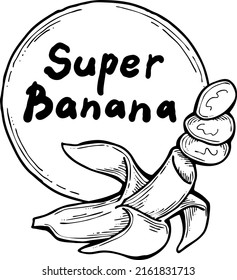 Sweet yellow banana fruit decorative frame border for product etiquette label. Vegan, bio, organic food. Design template. Hand drawn vintage vector illustration. Old style monochrome cartoon drawing.