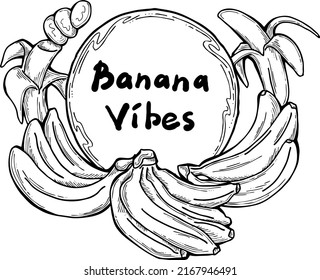 Sweet yellow banana fruit decorative frame border for product etiquette label. Vegan, bio, organic food. Design template. Hand drawn vintage vector illustration. Old style colorful cartoon drawing.