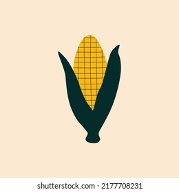 Sweet Yellow Corn Hand Drawn Vector Illustration. Isolated Maize Vegetable In Flat Style For Logo Or Icon.