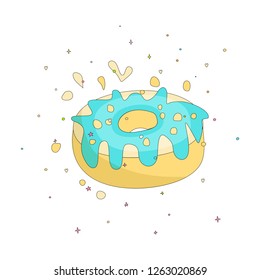 Sweet yellow donut cartoon icon with colorful decoration. Vector icon cartooning tasty donut with hole. Sweet yellow round donute with decoration on white background.