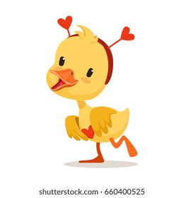 Sweet yellow duckling in a red headband with hearts, emoji cartoon character vector Illustration