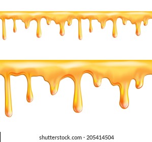 Sweet yellow honey drips seamless patterns on white background. Vector illustration