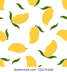 Sweet yellow mango seamless pattern. Fresh fruit background.