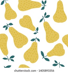 Sweet yellow pear seamless pattern on white background. Funny design for fabric, textile print, wrapping paper, children textile. Vector illustration