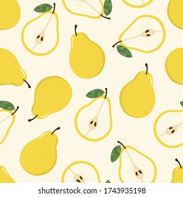 Sweet yellow pear seamless pattern. Organic healthy fruits background. -Vector