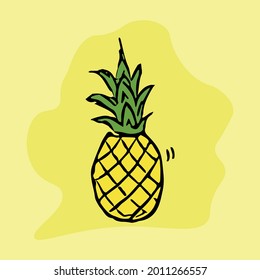 Sweet yellow pineapple icon isolated on yellow background. Doodle vector illustration. Hand-drawn icon