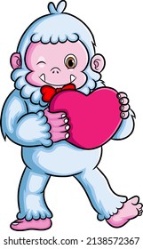 The sweet yeti is holding and hugging the big heart doll of illustration