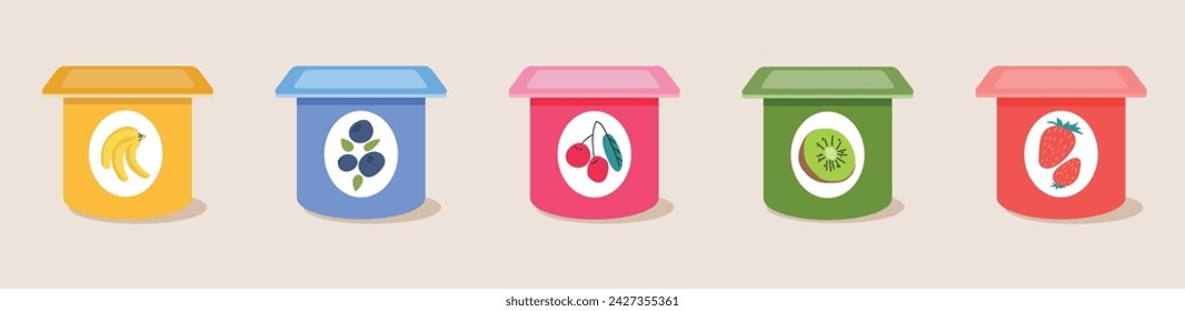 Sweet yogurt with blueberry, strawberry, kiwi,  banana, cherry flavor in plastic packaging.Yogurt food icon. Milk yoghurt.Vector illustration on a sandy background.