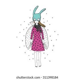 Sweet young girl in a mask with wings and a bird on a white background. Hand drawn vector.