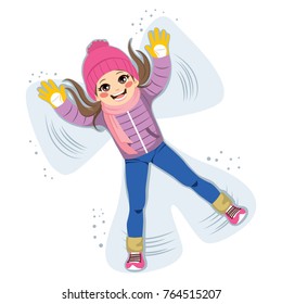 Sweet young girl playing and making snow angel silhouette