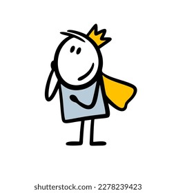 Sweet young prince looks into the distance in hope. Vector illustration of a cartoon stickman in love wearing a crown and a royal cloak.