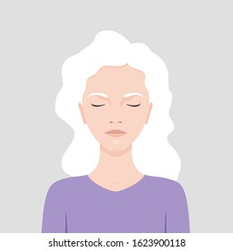 A sweet young woman with her eyes closed. The concept of calmness, meditation, relaxation. Frontal portrait of a beautiful female face. Vector illustration