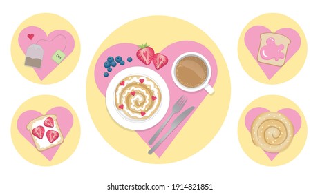 Sweet yummy cafe breakfast brunch food. Delicious sweetness dating table top view. Sugary guilty pleasure goodies. Flat to realistic design vector illustration. For stationary or fabric design.