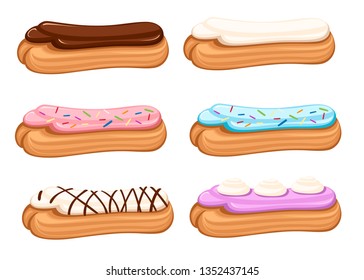 Sweet and yummy cream eclair dessert. Choux pastry filled with cream. Flat vector illustration isolated on white background. Dessert set.