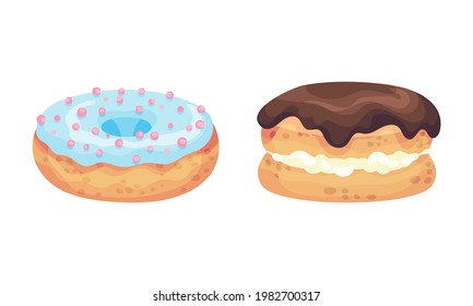 Sweet and Yummy Creamy Doughnut and Choux Pastry Dessert with Sugar Glaze on Top Vector Set
