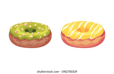 Sweet and Yummy Creamy Doughnut Dessert with Sugar Glaze on Top Vector Set