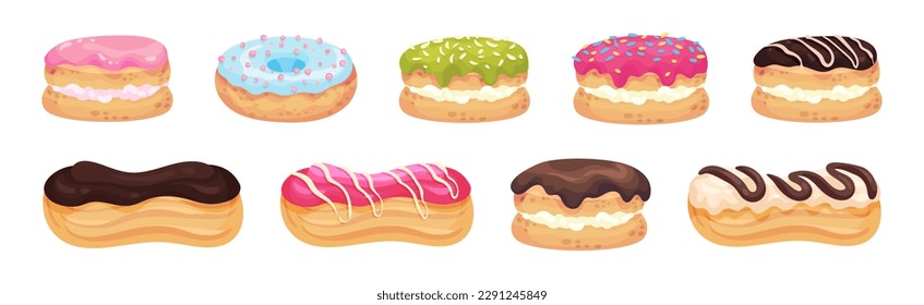 Sweet and Yummy Creamy Eclair and Donut Dessert Vector Set