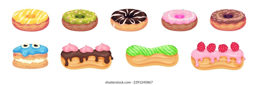 Sweet and Yummy Creamy Eclair and Donut Dessert Vector Set