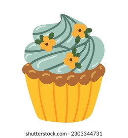 Sweet yummy cupcake, creamy cake, muffin vector ilustration. Flat style cartoon cake icon isolated on white background