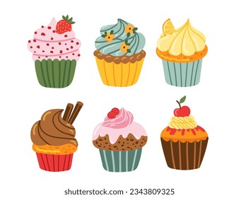 Pastel delicioso dulce, pastel cremoso, colección de muffin ilustrada vectorial. Icono de tarta de dibujos animados de estilo plano aislado en fondo blanco