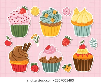 Sweet yummy cupcake, creamy cake, muffin sticker collection vector ilustration. Flat style cartoon cake icon set isolated on white background