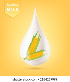 Sweetcorn inside milk droplets white realistic shiny. Cream yogurt drop falling with beautiful reflection. Isolated on yellow background. Used for nutrition products your design. 3d vector EPS10.