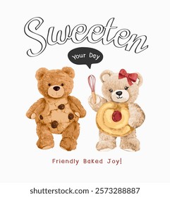 sweeten your day slogan with bear dolls in cookies boy vector illustration