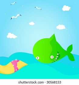 Sweetest butt: cute shark looking at rear of swimming woman. EPS.