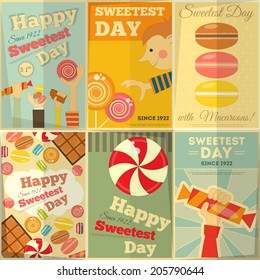 Sweetest Day Posters Set in Retro Style with Sweets. Vector Illustration.
