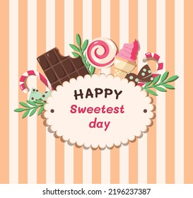 Sweetest day. Vector illustration of Sweetest day holiday banner. Sign decorated with candy chocolates and chocolates. Promotional poster for Sweetest day with pink desserts.