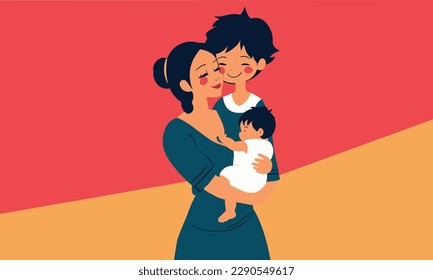 La forma más dulce del amor de la madre: El bebé parado en los brazos de una madre que ama a su bebé y a su hijo parados a su lado. Diseño de saludo vectorial para el "Día feliz de la madre"