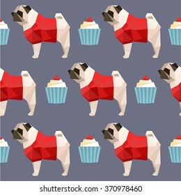 Sweetest repeating seamless pattern with pug bulldog in clothes and cake cupcake. Vector polygonal modern background. It will look great on textiles, wallpaper