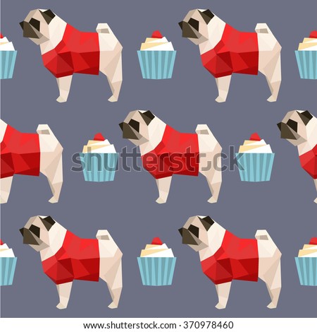 Sweetest repeating seamless pattern with pug bulldog in clothes and cake cupcake. Vector polygonal modern background. It will look great on textiles, wallpaper