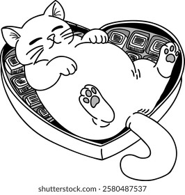 Sweetest Valentine, Adorable Cat Relaxing in a Heart-Shaped Chocolate Box Vector Illustration