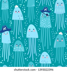 Sweet-faced jellyfishes sailors and jellyfishes pirates. Seamless vector pattern in cartoon style.
