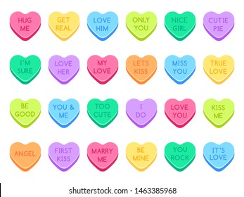 Sweetheart candy. Sweet heart candies, sweets valentines and conversation love hearts candies. Valentine day traditional treats or date candy treat. Isolated flat symbols vector illustration set