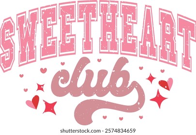 Sweetheart Club - Happy Valentine's day T-shirt Design, Valentine Varsity T-shirt design, Retro Valentine, retro Varsity, Love Heart Vector file, boho varsity, boho design