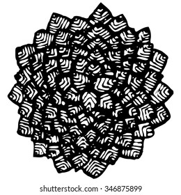 Sweetheart floral hand-drawn black circular mandala-flower of many petals with veins. Mandala isolated.