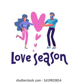 Sweetheart gift giving concept - young couple with big heart. Valentine's day card. Man giving love to his woman. isolated flat hand drawn vector illustration with lettring quote Love season.