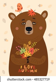 Sweetheart illustration. Bear with autumn leaves