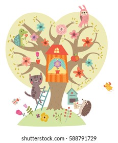 Sweetheart Illustration. Tree And Animals.