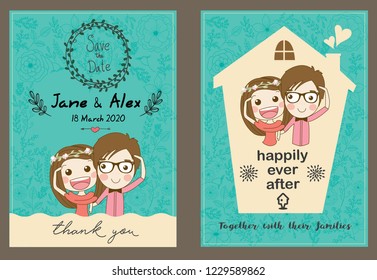 Sweetheart marry lover cartoon vector10. Cute cartoon wedding couple.Cartoon vector illustrator. Men wearing glasses with women wearing a flower crown are holding hands. They smile happily.