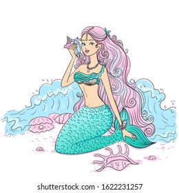 Sweetheart mermaid on a white background. Mermaid holds a shell. Vector illustration.
