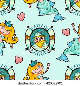 Sweetheart mermaid and Seaman seamless pattern. Kawaii girl sea Naiad Maritime princess. Old school style. Endless For kid prints on T-shirts, bags, cards, old school tattoos. Vector illustration