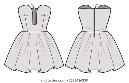 Sweetheart Neck Tube Skater Mini Dress Front und Back View. Fashion Flat Sketch Vektorgrafik, CAD, Technische Zeichnung, Flach Zeichnung, Vorlage, Mock-up.