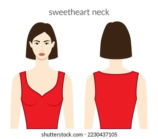 Sweetheart neckline clothes character beautiful lady in red top, shirt, dress technical fashion illustration with fitted body. Flat apparel template front, back sides. Women, men unisex CAD mockup