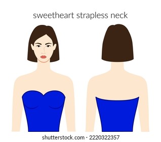 Sweetheart neckline strapless clothes character beautiful lady in blue top, shirt, dress technical fashion illustration fitted. Flat apparel template front, back sides. Women, men unisex CAD mockup