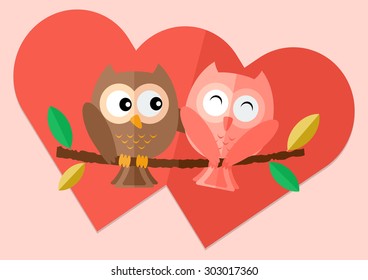 Sweetheart owls on tree branch with two red hearts in background vector flat illustration