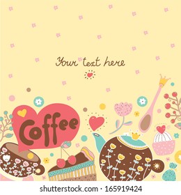 Sweetheart postcard about coffee and sweets. Vector.