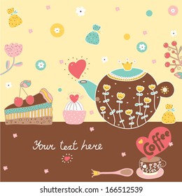 Sweetheart postcard with sweets and coffe.